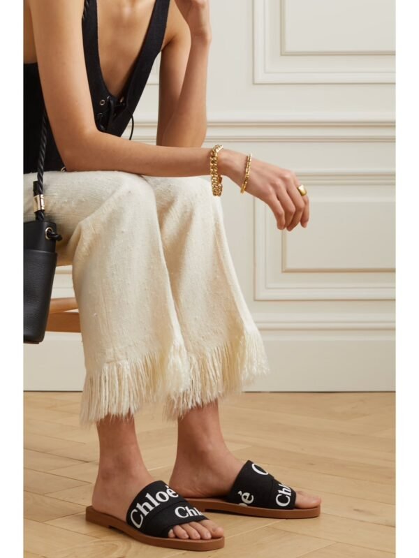 Chloé Woody Logo-Print Canvas Slides – Designer Flat Sandals for Effortless Summer Style - Image 8